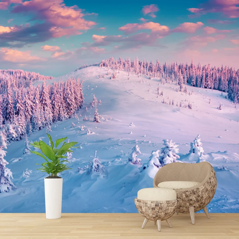 Mural moderno de paisaje nevado del atardecer, decoración de pared resistente la humedad azul-púrpura para el hogar Azul C...