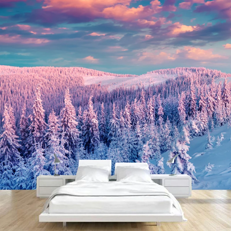 Mural moderno de paisaje nevado del atardecer, decoración de pared resistente la humedad azul-púrpura para el hogar Azul C...