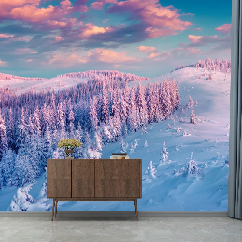 Mural moderno de paisaje nevado del atardecer, decoración de pared resistente la humedad azul-púrpura para el hogar Azul C...