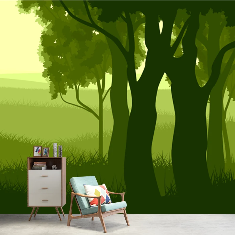 Mural moderno de pradera y bosque para dormitorio, arte de pared de tamaño personalizado en verde, no tejido Verde Clearhalo