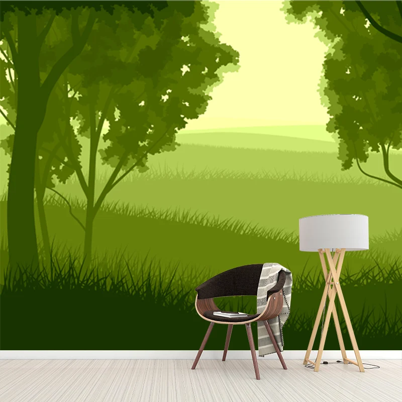 Mural moderno de pradera y bosque para dormitorio, arte de pared de tamaño personalizado en verde, no tejido Verde Clearhalo