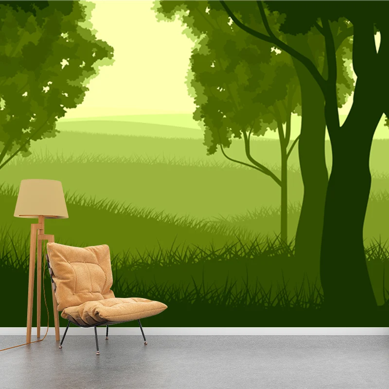 Mural moderno de pradera y bosque para dormitorio, arte de pared de tamaño personalizado en verde, no tejido Verde Clearhalo