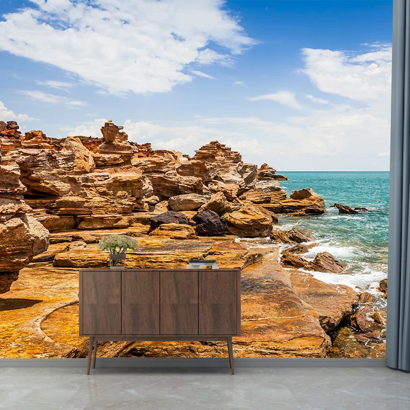 Mural moderno Sunny Rock Seashore para decoración de pared personalizada en pared decorativa en marrón Marron Clearhalo