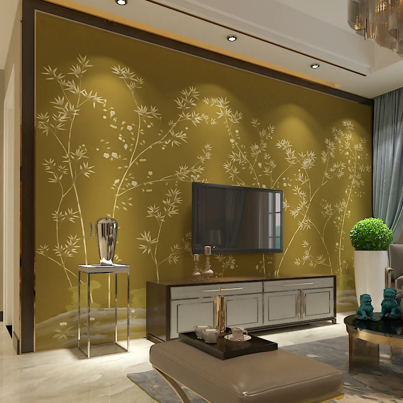 Mural nostálgico amarillo y verde, arte personalizado de pared de árbol y pájaro para decoración del hogar Amarillo Clearhalo