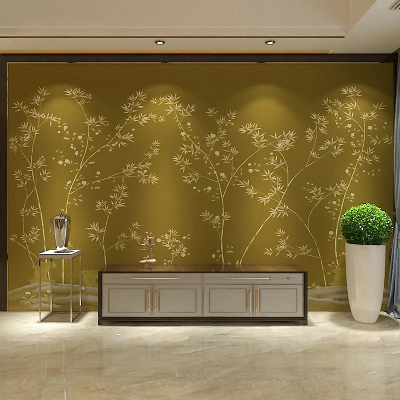 Mural nostálgico amarillo y verde, arte personalizado de pared de árbol y pájaro para decoración del hogar Amarillo Clearhalo