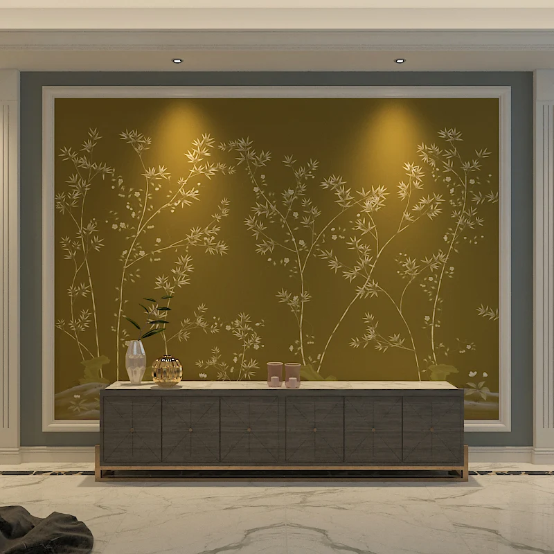 Mural nostálgico amarillo y verde, arte personalizado de pared de árbol y pájaro para decoración del hogar Amarillo Clearhalo