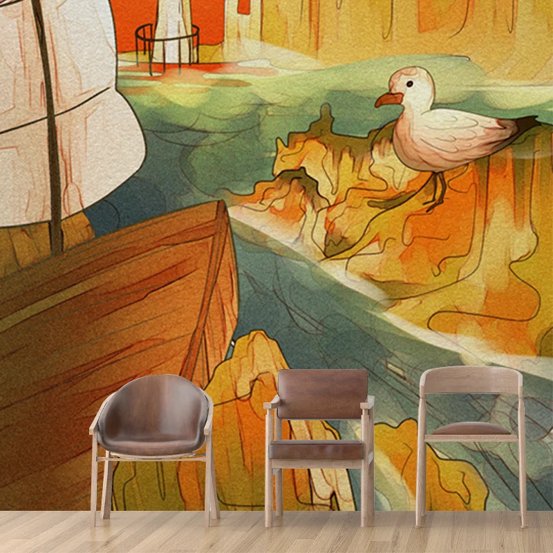 Mural de paisaje de montañ con ilustración, arte de pared grande para sala de estar, hecho medida Amarillo Clearhalo