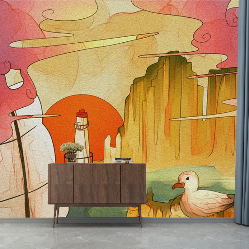 Mural de paisaje de montañ con ilustración, arte de pared grande para sala de estar, hecho medida Amarillo Clearhalo