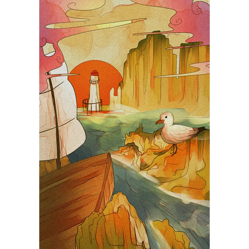 Mural de paisaje de montañ con ilustración, arte de pared grande para sala de estar, hecho medida Amarillo Clearhalo