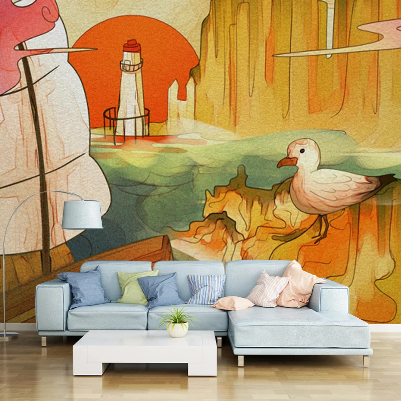 Mural de paisaje de montañ con ilustración, arte de pared grande para sala de estar, hecho medida Amarillo Clearhalo