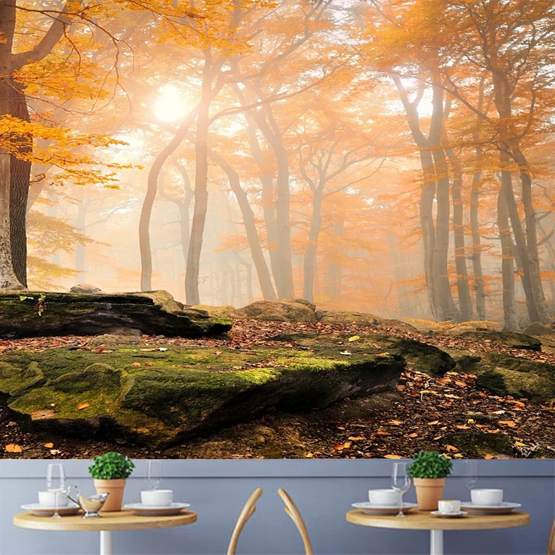 Mural de paisaje de otoño de estilo moderno, el sol naranja de la mañana brilla través del arte de la pared del bosque Nar...