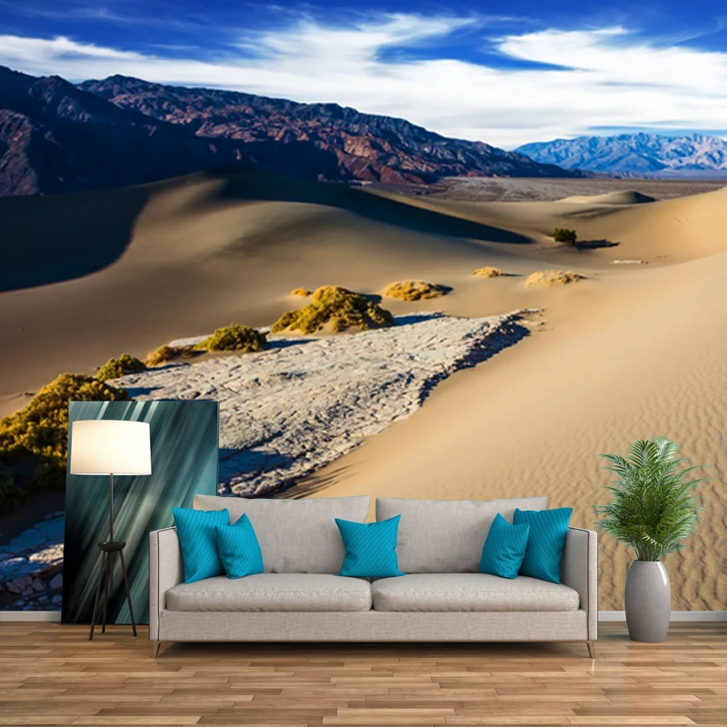 Mural de papel de pared modernista grande, revestimiento de paredes con paisaje de dunas amarillas y montañas, tamaño pers...