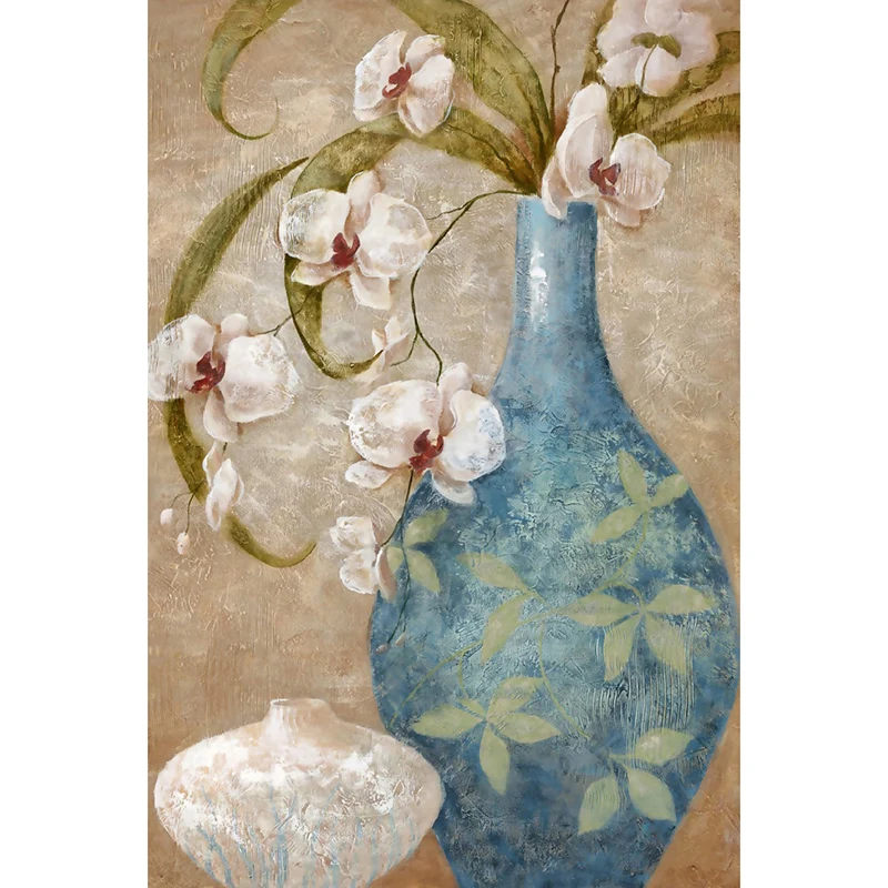 Mural de papel pintado con jarrón de flores de orquídeas, decoración de pared de textura suave contemporánea en azul y mar...
