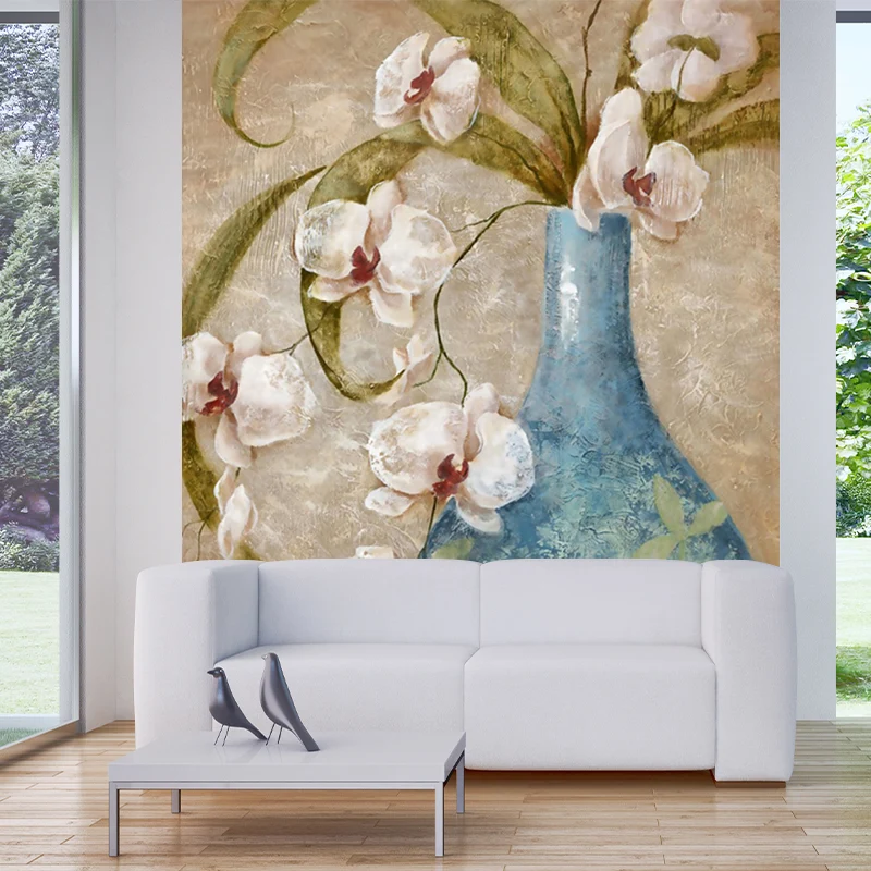 Mural de papel pintado con jarrón de flores de orquídeas, decoración de pared de textura suave contemporánea en azul y mar...