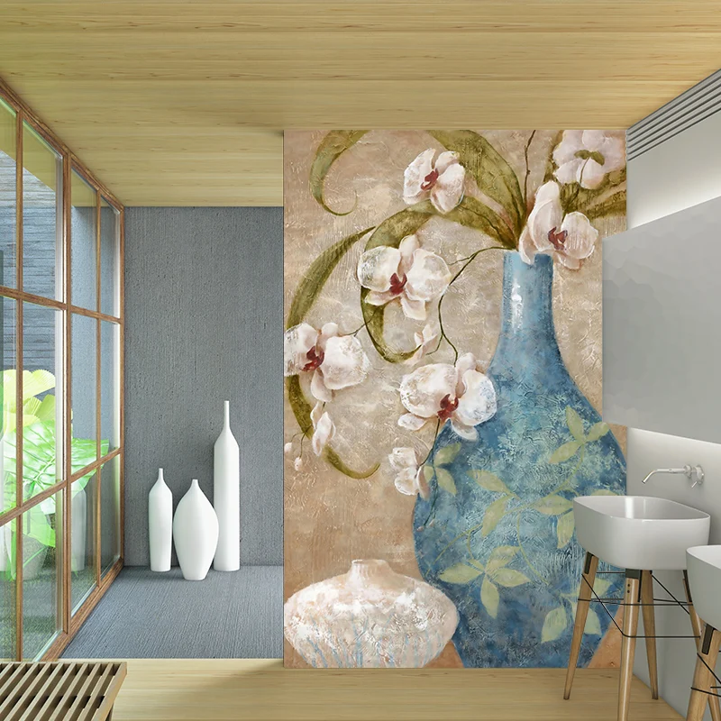 Mural de papel pintado con jarrón de flores de orquídeas, decoración de pared de textura suave contemporánea en azul y mar...
