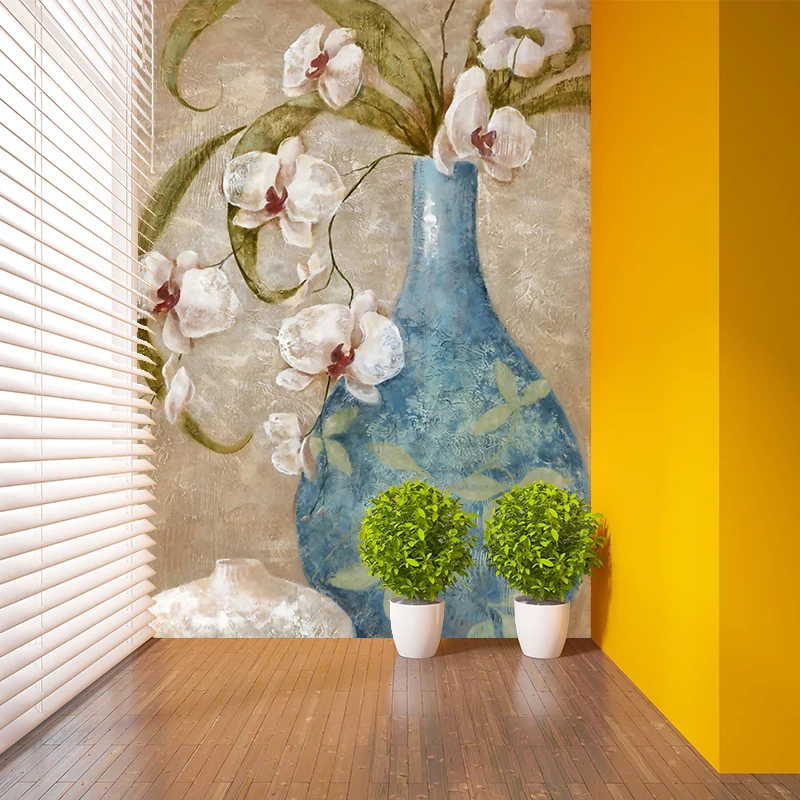 Mural de papel pintado con jarrón de flores de orquídeas, decoración de pared de textura suave contemporánea en azul y mar...