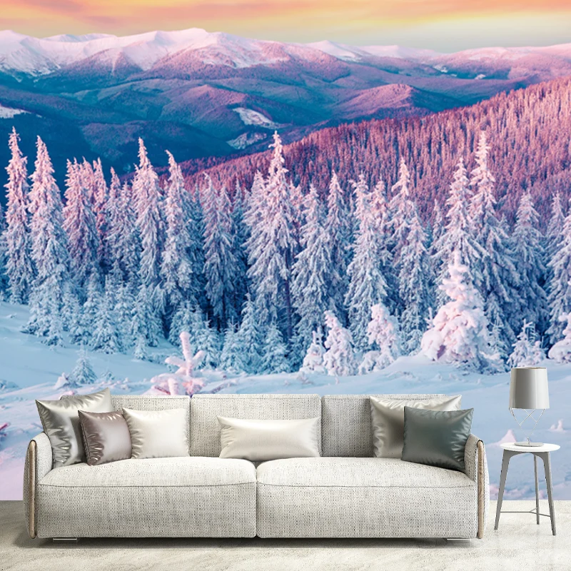Mural de pared con brillo de noche naranja, revestimiento de paredes impermeable moderno con montañas de cipreses nevados...
