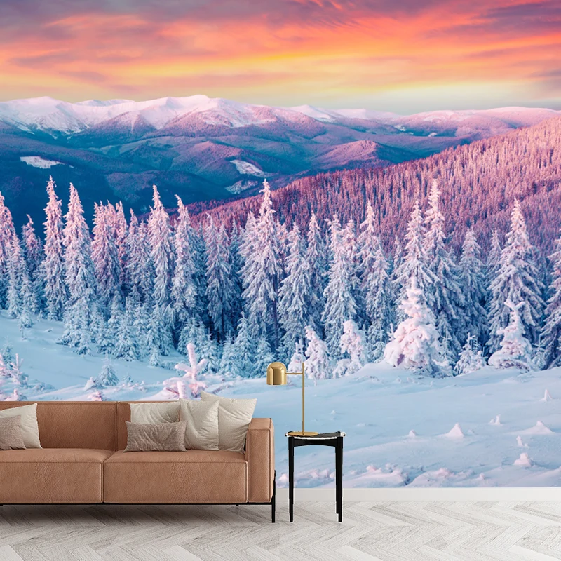 Mural de pared con brillo de noche naranja, revestimiento de paredes impermeable moderno con montañas de cipreses nevados...