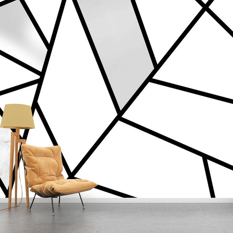 Mural de pared con diseño de línea geométrica, decoración minimalista de tela no tejida para pared en blanco y negro Negro...
