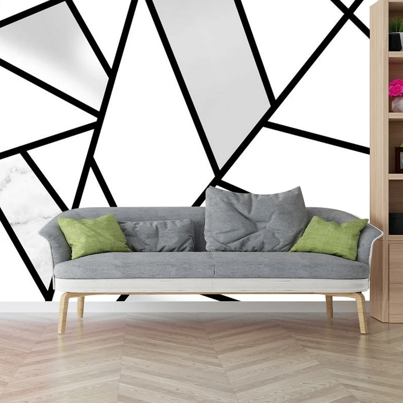 Mural de pared con diseño de línea geométrica, decoración minimalista de tela no tejida para pared en blanco y negro Negro...