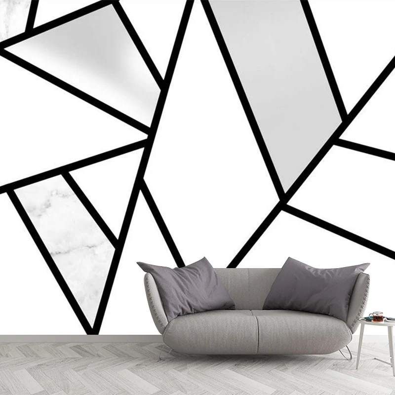 Mural de pared con diseño de línea geométrica, decoración minimalista de tela no tejida para pared en blanco y negro Negro...