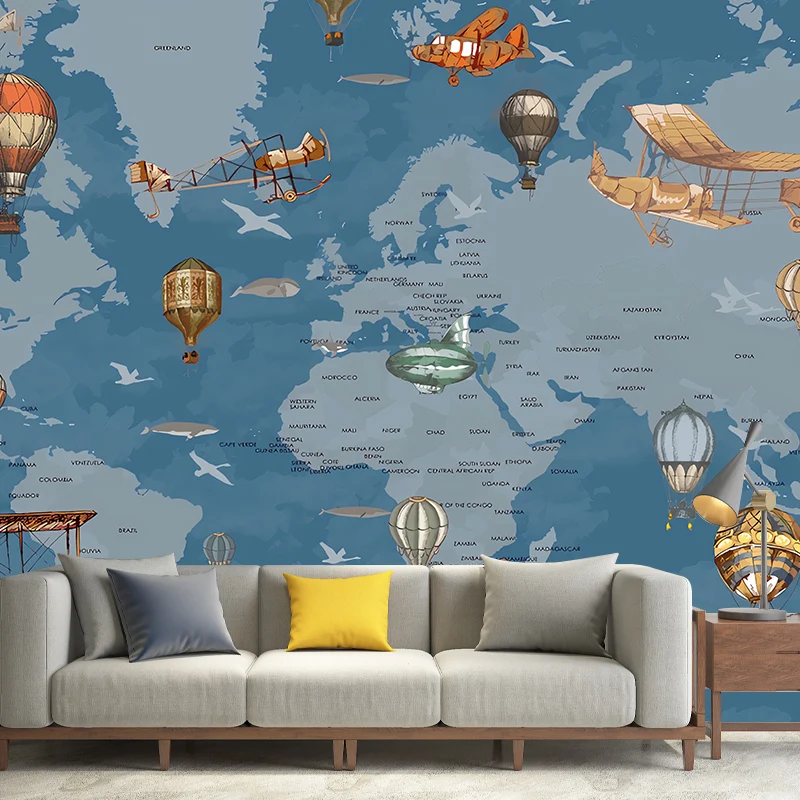 Mural de pared contemporáneo con ilustración completa, arte de pared extra grande para niños con mapa del mundo y diseño d...