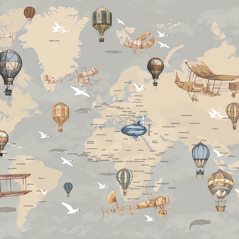 Mural de pared contemporáneo con ilustración completa, arte de pared extra grande para niños con mapa del mundo y diseño d...