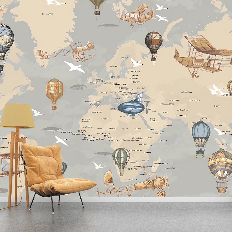 Mural de pared contemporáneo con ilustración completa, arte de pared extra grande para niños con mapa del mundo y diseño d...