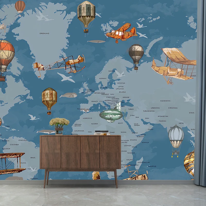 Mural de pared contemporáneo con ilustración completa, arte de pared extra grande para niños con mapa del mundo y diseño d...