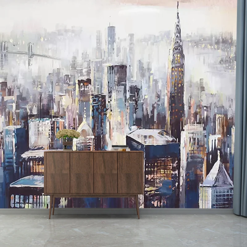 Mural de pared contemporáneo impreso personalizado con revestimiento de paredes de rascacielos urbanos decorativos para pa...