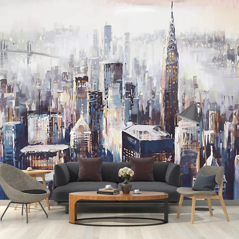 Mural de pared contemporáneo impreso personalizado con revestimiento de paredes de rascacielos urbanos decorativos para pa...