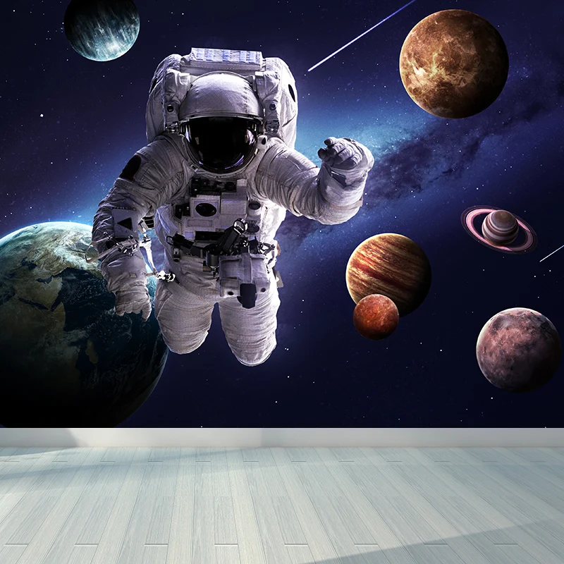 Mural de pared ficticio azul, enorme astronauta y revestimiento de paredes de la Tierra para sala de estar Azul Clearhalo