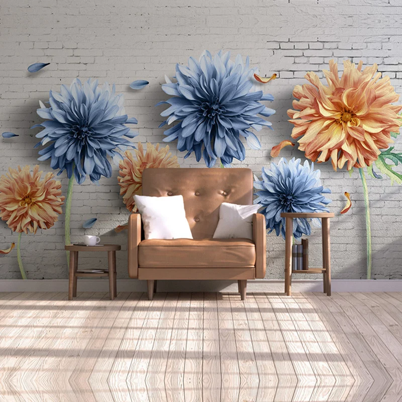 Mural de pared de flores florecientes grandes en revestimiento de paredes azul y amarillo para decoración del hogar, hecho...