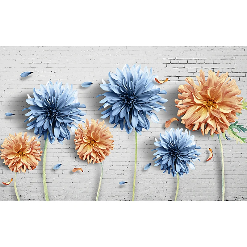 Mural de pared de flores florecientes grandes en revestimiento de paredes azul y amarillo para decoración del hogar, hecho...