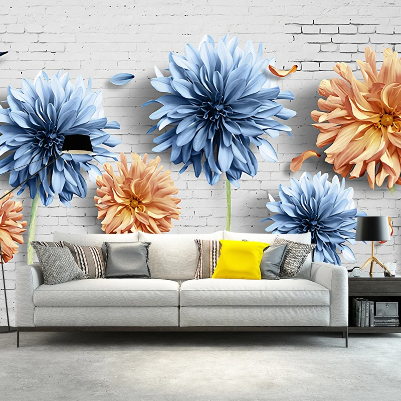 Mural de pared de flores florecientes grandes en revestimiento de paredes azul y amarillo para decoración del hogar, hecho...