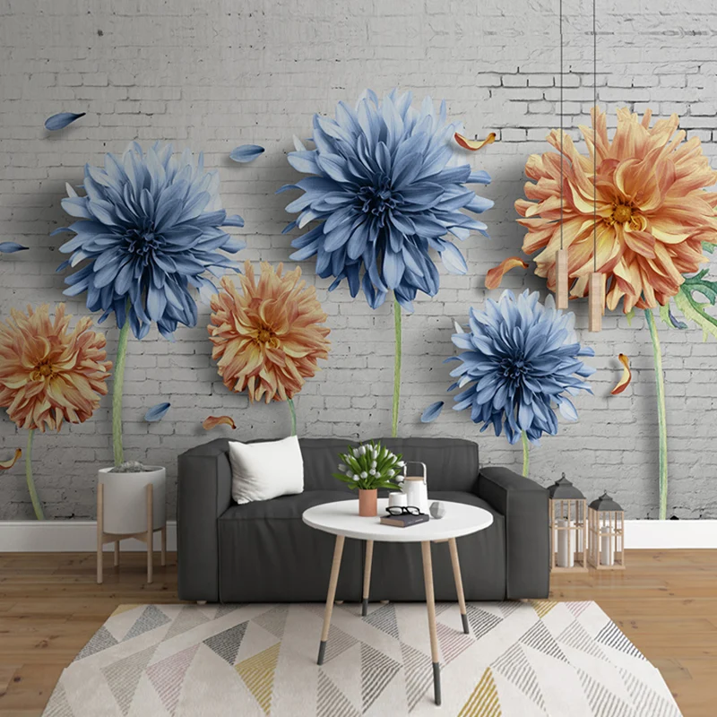Mural de pared de flores florecientes grandes en revestimiento de paredes azul y amarillo para decoración del hogar, hecho...