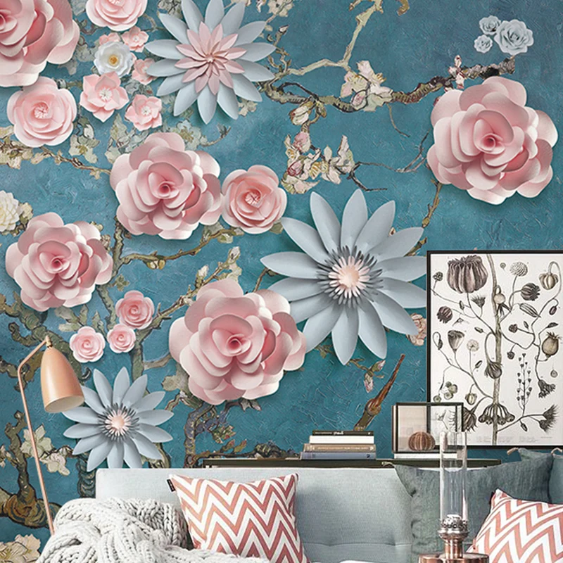 Mural de pared de flores de tamaño completo, revestimiento de paredes retro único con efecto 3D en multicolor Blanco Clear...