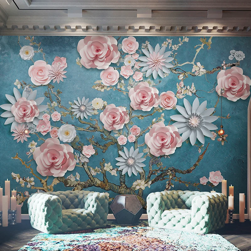 Mural de pared de flores de tamaño completo, revestimiento de paredes retro único con efecto 3D en multicolor Blanco Clear...