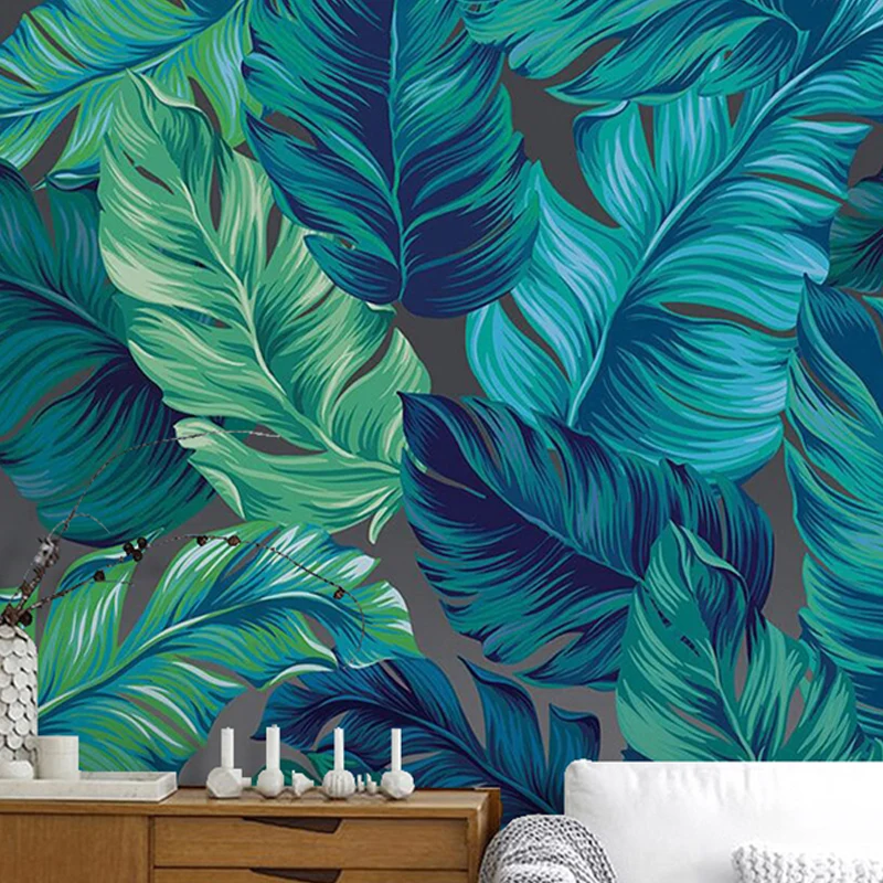Mural de pared minimalista para decoración del hogar con ilustración entera con hojas de plátano en verde y azul Verde Cle...