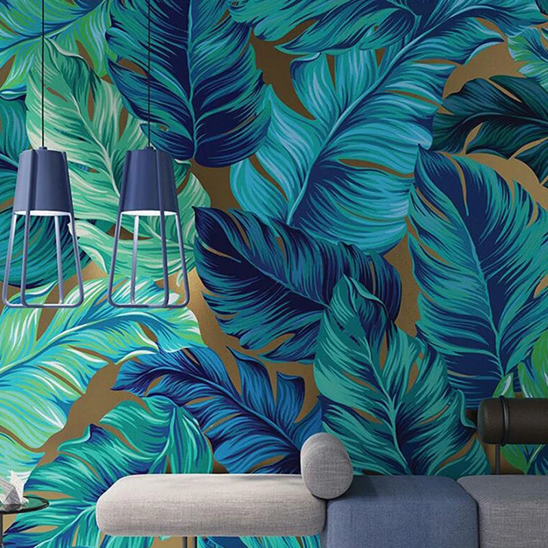Mural de pared minimalista para decoración del hogar con ilustración entera con hojas de plátano en verde y azul Verde Cle...