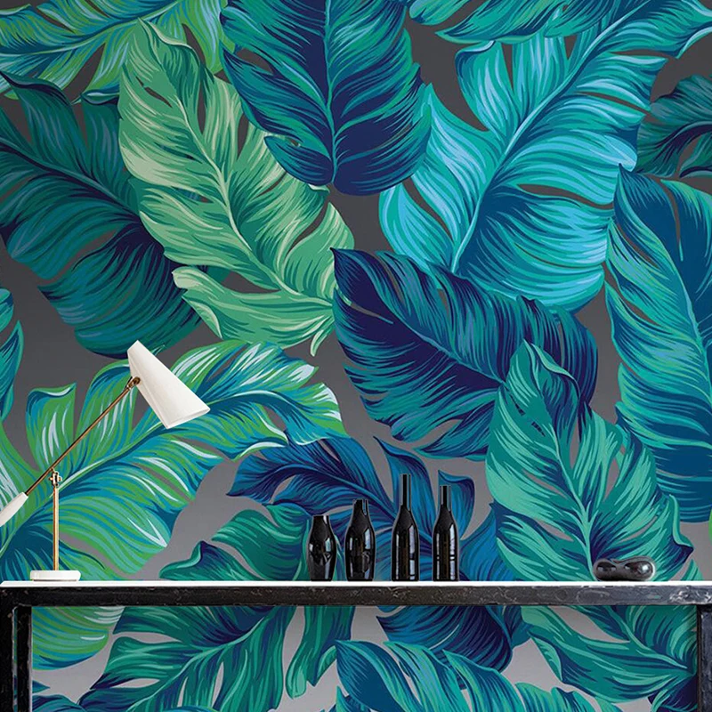 Mural de pared minimalista para decoración del hogar con ilustración entera con hojas de plátano en verde y azul Verde Cle...