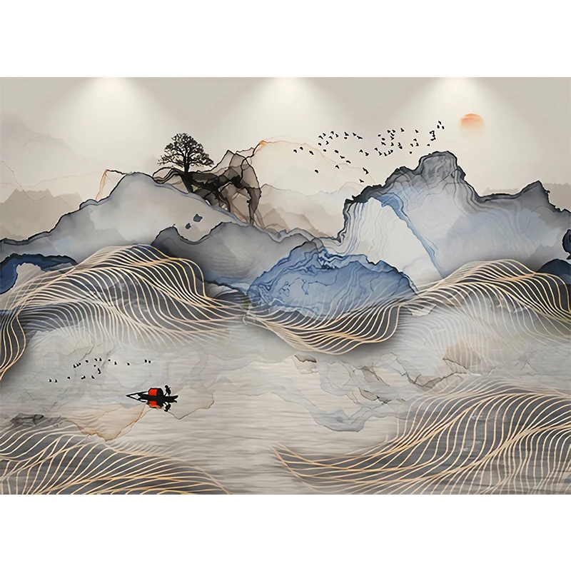 Mural de pared minimalista, revestimiento de pared de sol y montañ gris y azul para galerí, material no tejido Gris Clearhalo