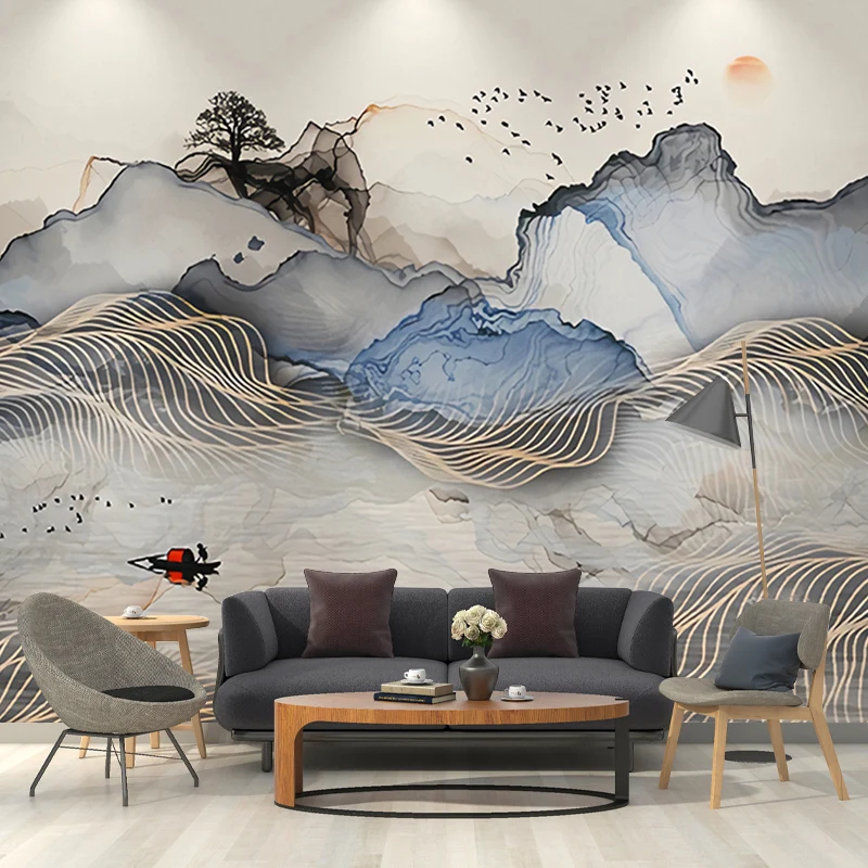 Mural de pared minimalista, revestimiento de pared de sol y montañ gris y azul para galerí, material no tejido Gris Clearhalo