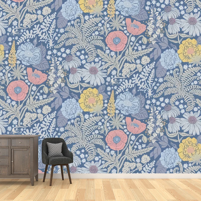 Mural de pared de plantas de tamaño completo en revestimiento de paredes de tela no tejida azul para pared decorativa, tam...