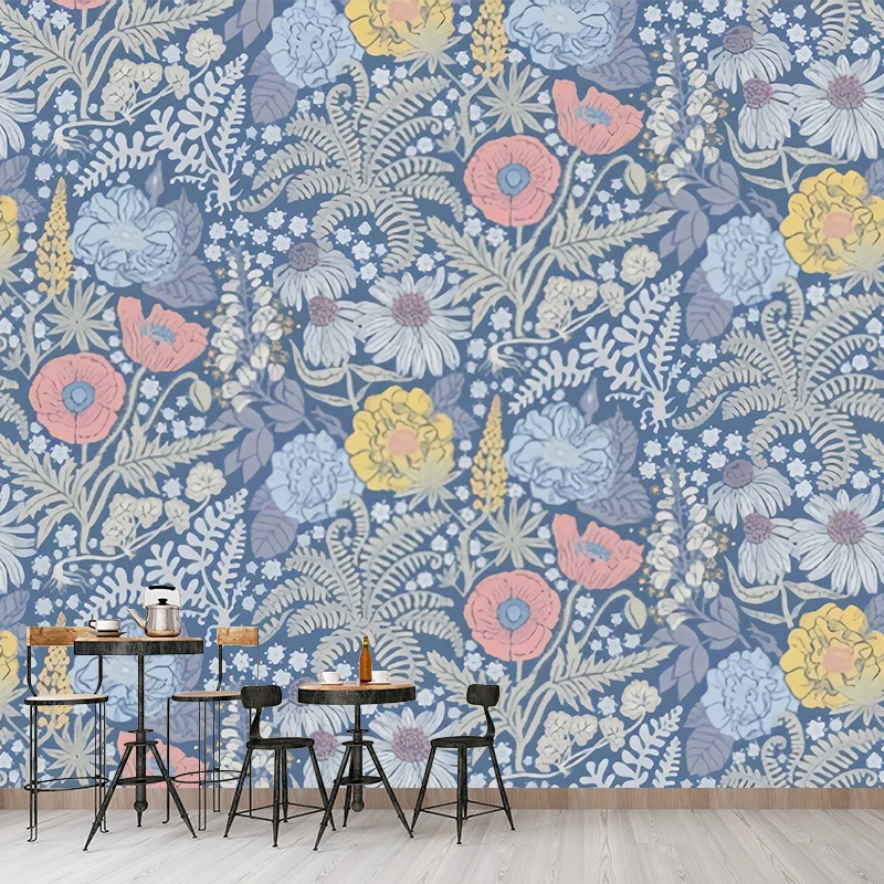 Mural de pared de plantas de tamaño completo en revestimiento de paredes de tela no tejida azul para pared decorativa, tam...