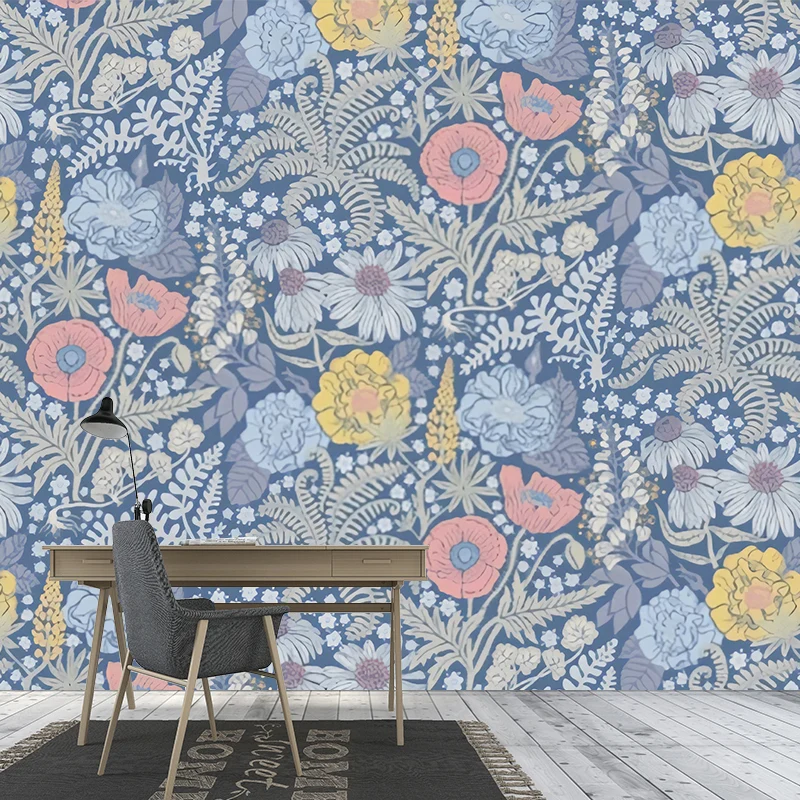 Mural de pared de plantas de tamaño completo en revestimiento de paredes de tela no tejida azul para pared decorativa, tam...
