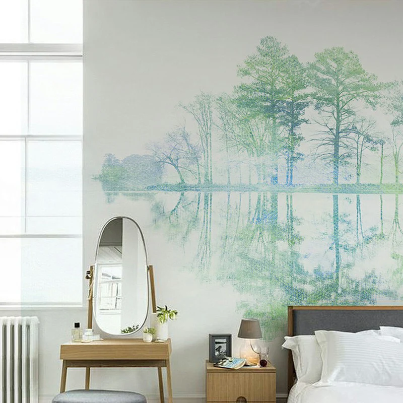 Mural de pared de árbol de abedul de tamaño completo en arte de pared verde no tejido para decoración del hogar, hecho med...