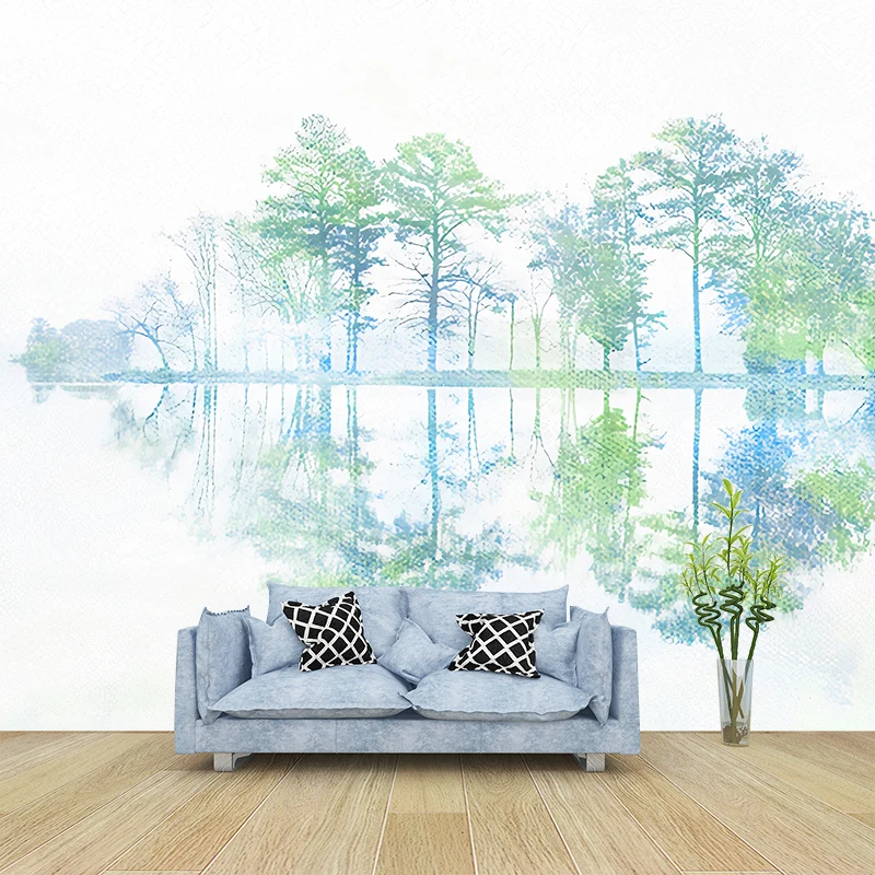 Mural de pared de árbol de abedul de tamaño completo en arte de pared verde no tejido para decoración del hogar, hecho med...