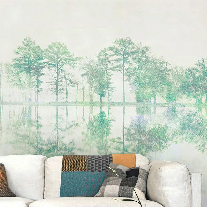 Mural de pared de árbol de abedul de tamaño completo en arte de pared verde no tejido para decoración del hogar, hecho med...