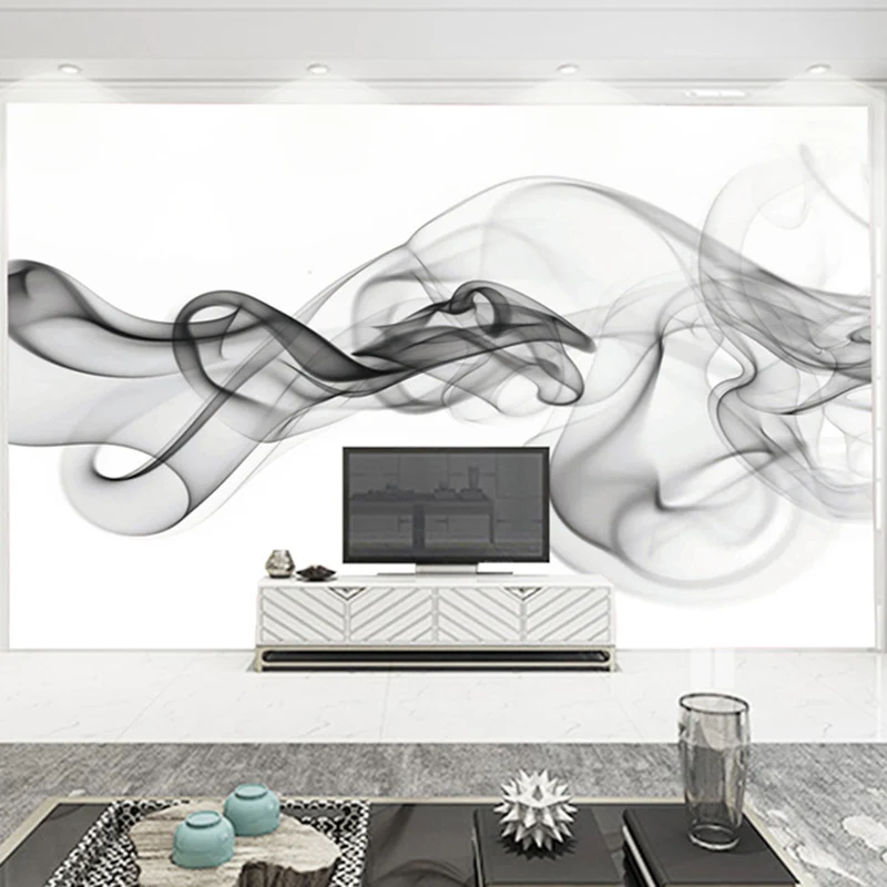 Mural de pared texturizado no tejido ahumado con impresión 3D en blanco y negro para decoración de pared de tamaño complet...